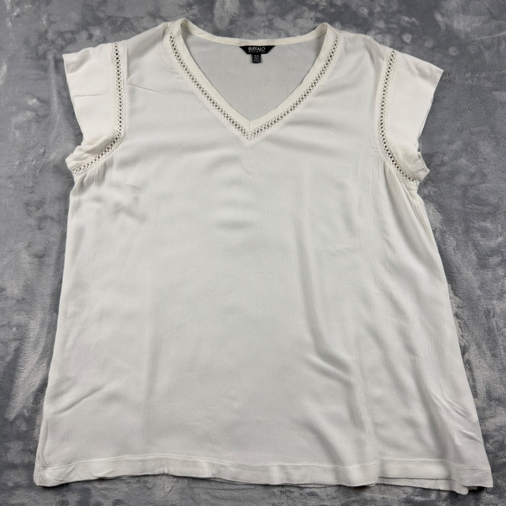 Buffalo David Bitton Womens White V-Neck Crochet Trim Flutter Sleeve Blouse Med